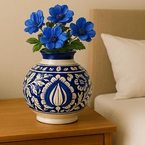 May include: A blue and white ceramic vase with a floral design holds a bouquet of vibrant blue flowers. The vase sits on a wooden surface, with a bed and pillow in the background. The flowers have green leaves.