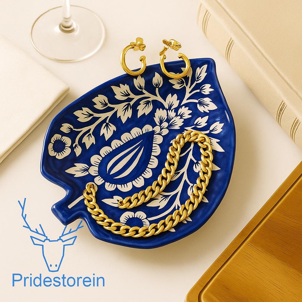 Blue Leaf Ceramic Jewelry Holder: Handmade Boho Vanity Tray