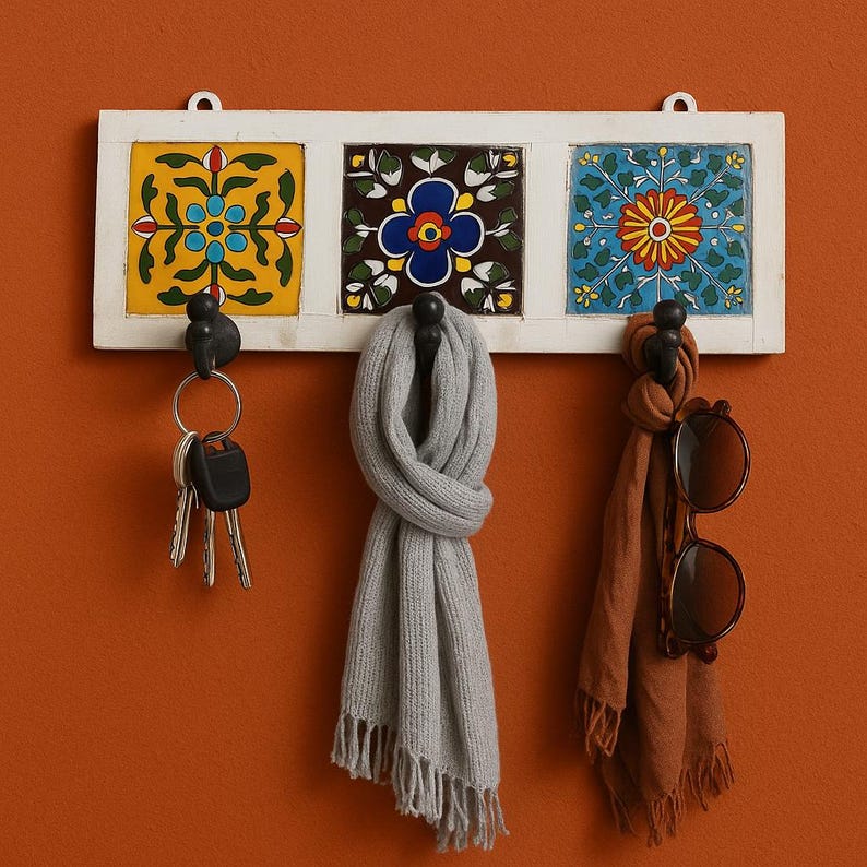 Inlay Ceramic Tile Key Rack – Wooden Wall Hook for Entryway or Office ...