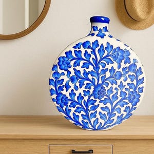 Hand-Painted Blue  Disc Vase |  Ceramic Floral Vase | Decorative Vase for Entryway, Vanity, Bedroom or Lawn