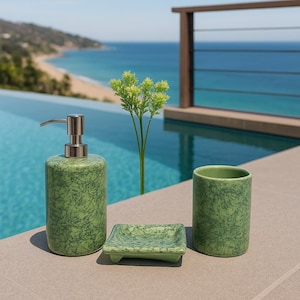 Green Texture Ceramic Bathroom Set – 3-Piece Soap Dispenser, Toothbrush Holder & Soap Dish | Modern Vanity Decor | Coastal Spa Inspire