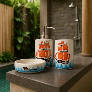 Handcrafted Nautical Ceramic Bathroom Set – Outdoor Tropical Design (3-Piece)