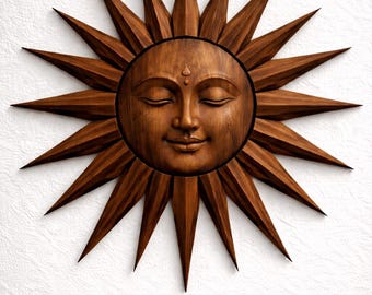 Handgeschnitzte Teakholz-Sonnen-Wandkunst - dunkles Teakholz Surya-Gesichts-Panel