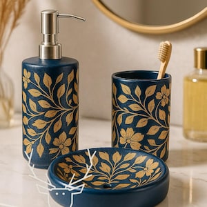 Luxurious Handcrafted Ceramic Bathroom 3 Piece Set – Blue & Gold Floral | Soap Dispenser, Toothbrush Holder, Soap Dish