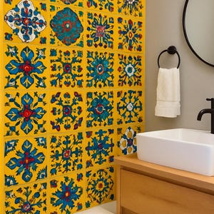 Hand-Painted Talavera Tile: Bright Yellow Floral Ceramic Wall Decor (4x4 in
