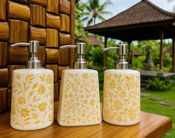 Floral Ceramic Soap Dispenser Set: Modern Farmhouse Bathroom Decor