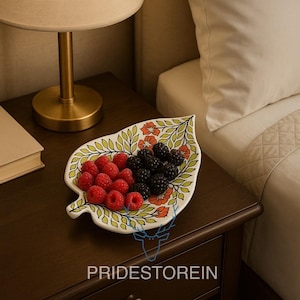 Hand-Painted Leaf Shaped Ceramic Serving Plate – Floral Luxury Dish for Snacks, Berries & Decor