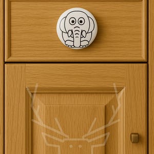 Op de afbeelding: Witte, ronde ladeknop met een zwart cartoon olifantenontwerp, gemonteerd op een lichtbruine houten kast. De kast heeft een rechthoekige lade. De olifant heeft grote oren en een slurf.