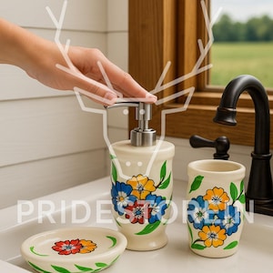 Hand-Painted Royal Ceramic Bathroom Set – 3-Piece Vanity Accessories with  Design | Soap Dispenser, Toothbrush Holder, Soap Dish