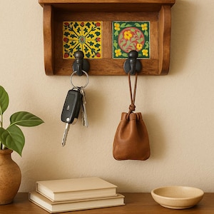 May include: A wooden key holder with two decorative ceramic tiles. The tiles display colourful floral patterns. A set of keys and a small brown leather pouch hang from the black hooks. The key holder is mounted on a cream wall.