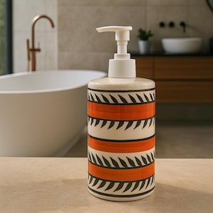 May include: A ceramic soap dispenser with a white pump. The dispenser has a cream-colored base with horizontal bands of orange and black geometric patterns. The dispenser is in a bathroom setting with a bathtub and sink in the background.