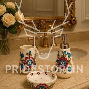 Hand-Painted Ceramic Bathroom Set – 3-Piece Vanity Accessories  | Soap Dispenser, Toothbrush Holder, Soap Dish