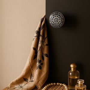 May include: A decorative black and white floral patterned cabinet knob is mounted on a dark brown cabinet door. A tan scarf with black floral designs hangs nearby. A pearl bracelet and two perfume bottles sit on a wooden surface.