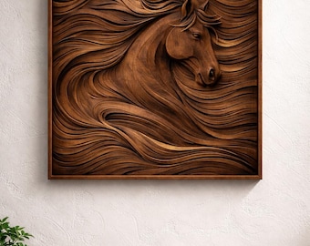May include: A wooden relief carving of a horse's head and flowing mane, framed in a square wooden frame. The artwork is a warm brown color and is mounted on a white wall. The horse's mane appears to be flowing in the wind.