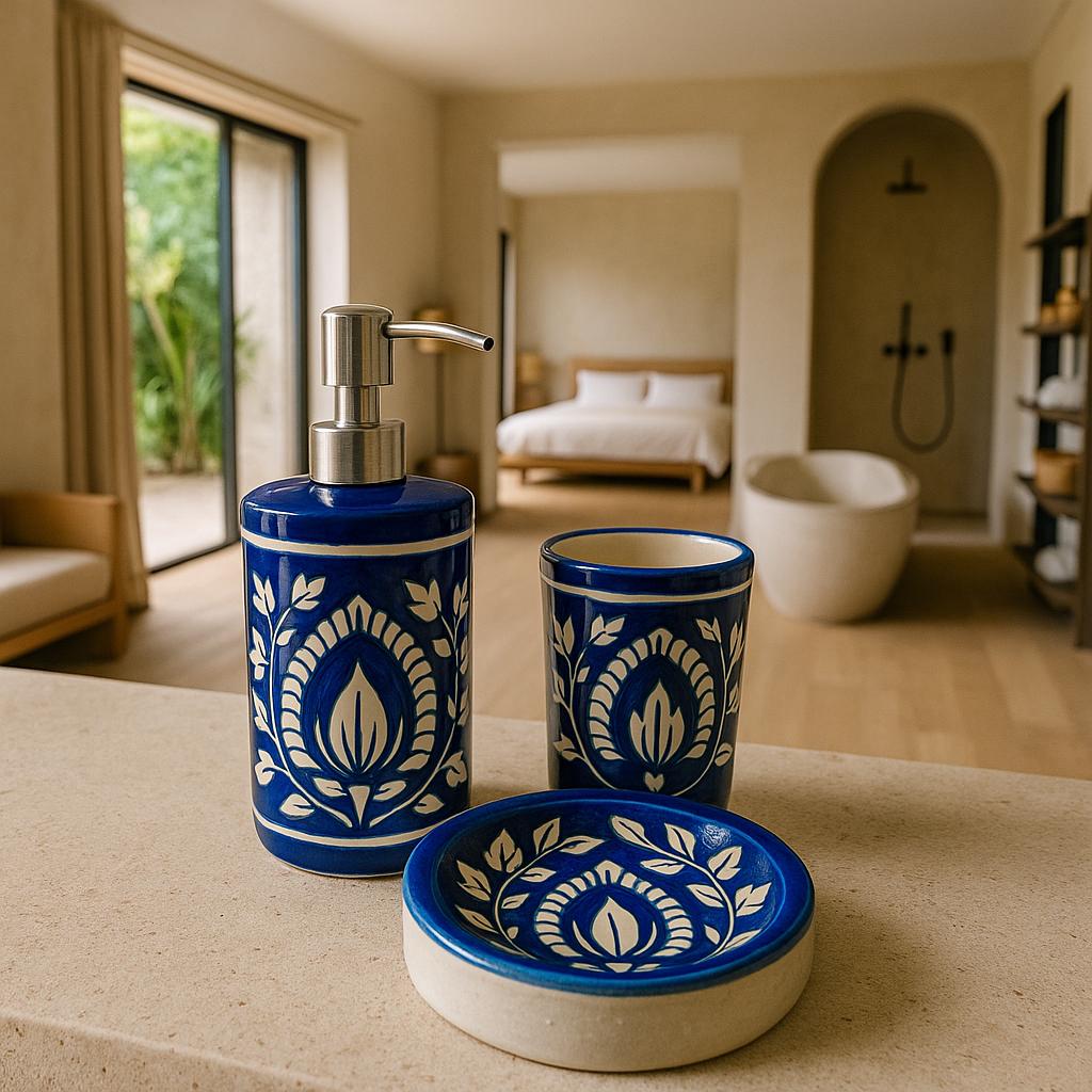 Handmade Blue Ceramic Bathroom Set: Floral Coastal Bath Decor - Etsy, image size:1024x1024