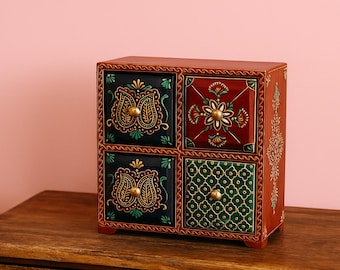 Cómoda grande de madera pintada a mano con 4 cajones – Caja decorativa (25 x 25 x 13 cm)