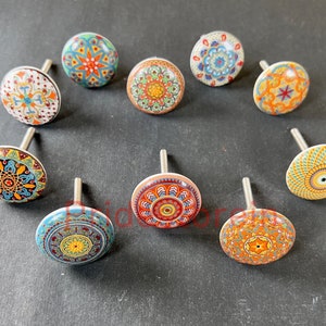 10 PC  of Cabinet Ceramic Knobs | Classic red Mandala Designs| Drawer Closet Dresser Wardrobe Furniture Door| Nuts & Bolts Included
