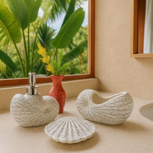 Seashell Bathroom Accessory Set: Ceramic Soap Dispenser, Toothbrush Holder, Soap Dish