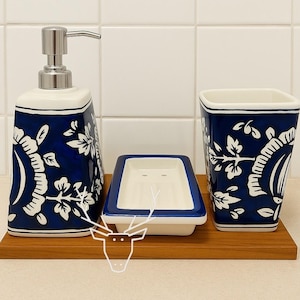 Ceramic Bathroom Set of 3 PC  – (Includes Hand-Painted Floral Soap Dispenser, Toothbrush Holder & Soap Dish)