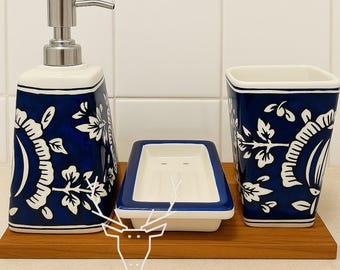 Handmade Ceramic Bathroom Set  Floral Soap Dispenser, Toothbrush Holder