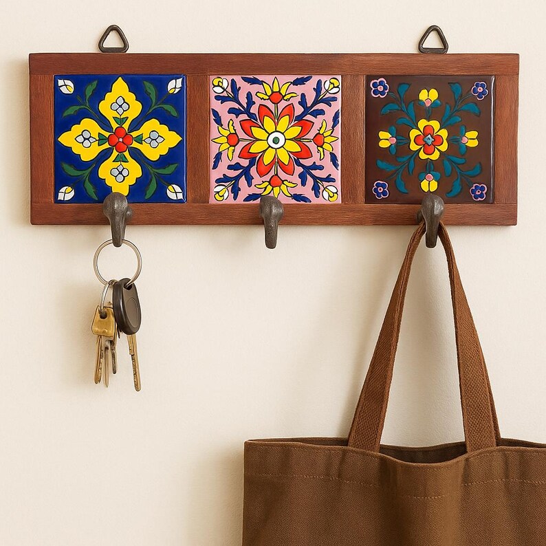 Handmade Wooden Wall Hook Rack – Floral Ceramic Tile Inlay - Etsy