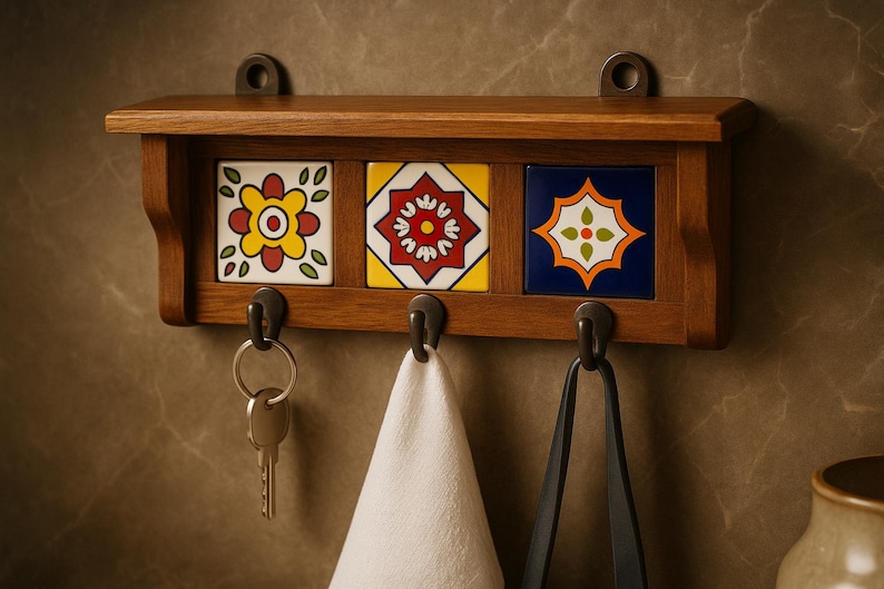 Modern Ceramic Tile Key Rack – Minimalist Wooden Wall Hook for Entryway or Office