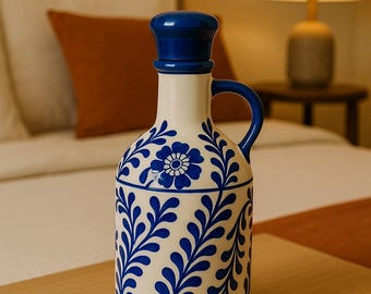 Handmade Blue Floral Ceramic Jug with Lid – 1000ml Traditional Indian Pottery Pitcher – Decorative Water for Kitchen & Dining