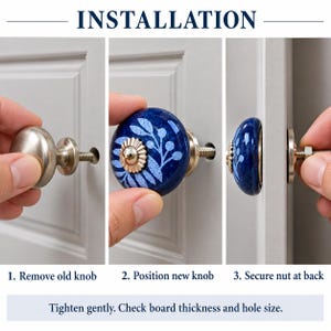 May include: A three-step installation guide for a cabinet knob. The text reads INSTALLATION, 1. Remove old knob, 2. Position new knob, 3. Secure nut at back, and Tighten gently. Check board thickness and hole size.