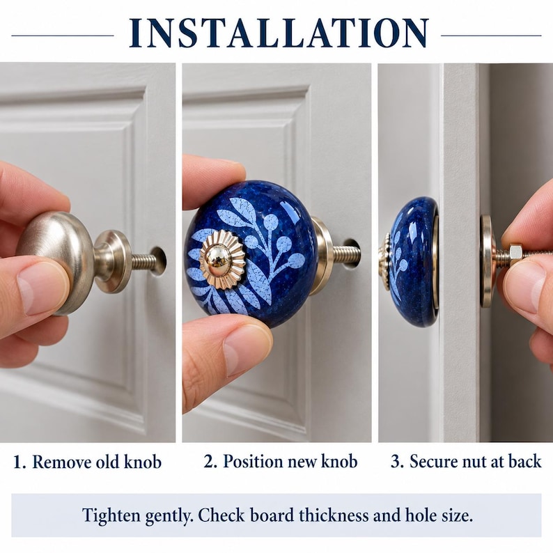 May include: A three-step installation guide for a cabinet knob. The text reads INSTALLATION, 1. Remove old knob, 2. Position new knob, 3. Secure nut at back, and Tighten gently. Check board thickness and hole size.