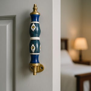 May include: A decorative door pull handle with a brass base and top. The handle is a vertical design with alternating sections of dark teal, white, and navy blue. Each teal section features a white and yellow design. The handle is mounted on a gray door.