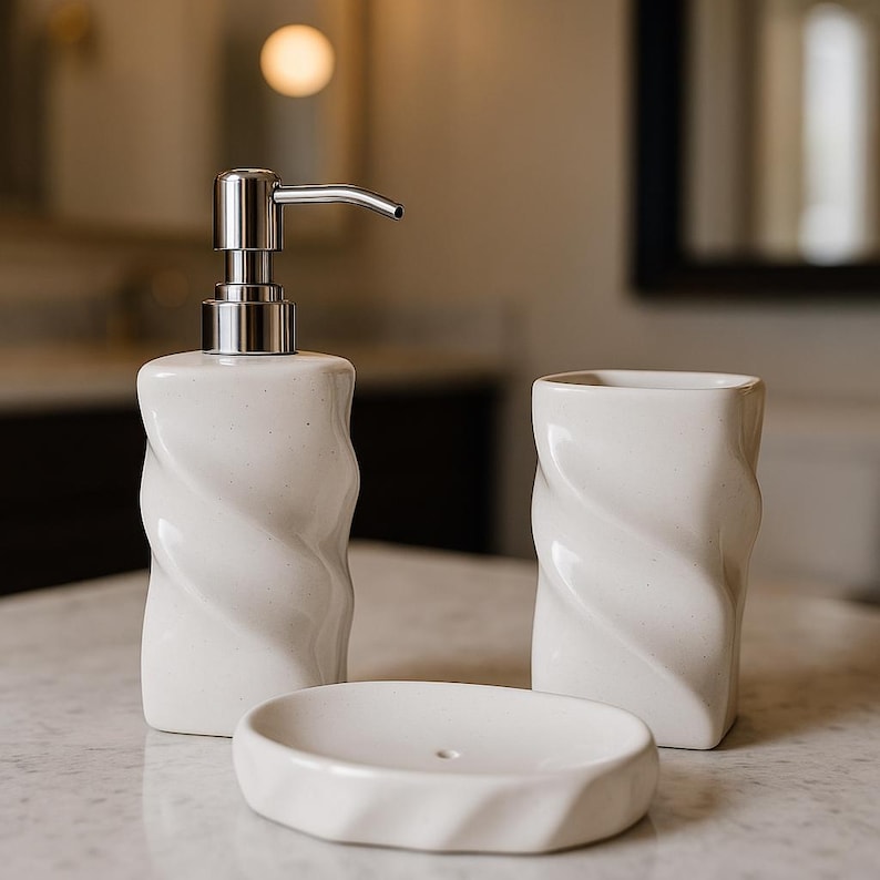 Modern White Ceramic Bathroom Accessory Set - Soap Dispenser, Toothbrush Holder & Soap Dish image 2