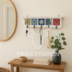 Rustic White Wood Key Holder: Colorful Ceramic Tile Rack