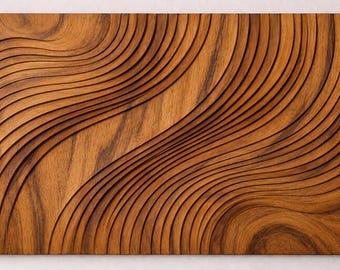 May include: A rectangular wooden wall panel featuring a series of deep, carved grooves that create flowing, wave-like patterns across the surface. The natural brown wood grain is visible throughout, with varying depths and shadows between the lines.