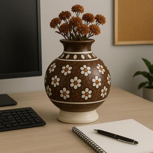 Puede incluir: Un jarrón de cerámica marrón con base blanca y un estampado floral de margaritas blancas con centros naranjas. El jarrón contiene un ramo de flores artificiales marrones. El jarrón está sobre un escritorio de madera con teclado, bloc de notas y bolígrafo.
