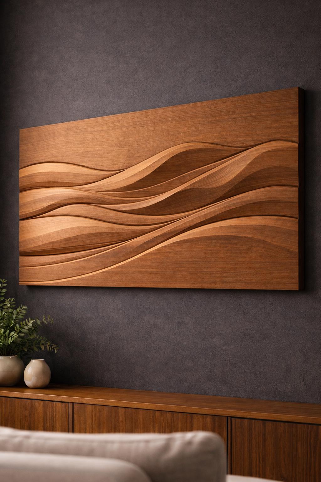 Hand Carved Wooden Wave Wall Panel – Solid Teak Wood Art – Modern