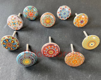 Bunte Mandala Knäufe aus Keramik | Möbelbeschläge, 10er Set