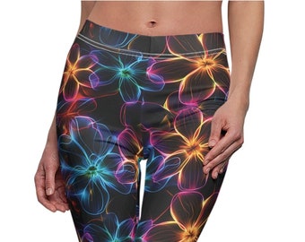 Neon Flowers Women's Casual Leggings, comfy floral leggings, fun leggings for her, womens cute leggings, comfy yoga pants,colorful leggings