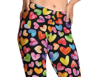 Watercolor Hearts Women's Stretchy Leggings, Valentine's Leggings, Women's Leggings, Gift for her, Valentine's Fun, Colorful Hearts Leggings