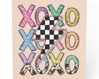 XOXO Valentine Greeting Cards, Checkered Lightening Cards, Retro Valentines, Hugs and Kisses Cards, Cute Cards, Happy Valentines Day