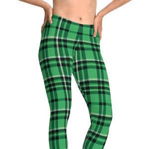 Green plaid leggings, womens leggings, yoga pants, green leggings, St Patricks Day leggings, holiday apparel, cute leggings, gift for her
