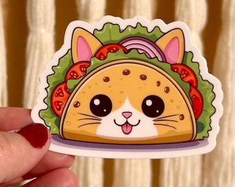 Taco Cat Sticker, Waterproof Vinyl Sticker, cat lover gift, kawaii cat, funny cat sticker, cats and tacos, taco lover gift, cute cat sticker