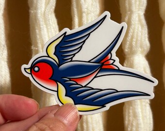 Swallow in flight tattoo art style Sticker, waterproof vinyl sticker, bird lover gift, water bottle sticker, tattoo lover gift, cute bird