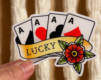 Lucky four aces tattoo art style Sticker, waterproof vinyl sticker, water bottle sticker, tattoo lover gift, 4 aces sticker, rockabilly