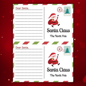 May include: Two white Christmas-themed letter sheets with red and green borders. Each sheet has lines for writing, the text "Dear Santa," and a graphic of Santa Claus with a bag, a stamp, and a Christmas tree. The text "Santa Claus, The North Pole" is also present.