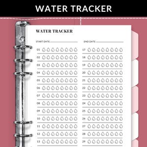 May include: A black and white water tracker with a ring binder. The tracker has a section for start date and end date. The tracker has 29 days with 12 water drops per day.