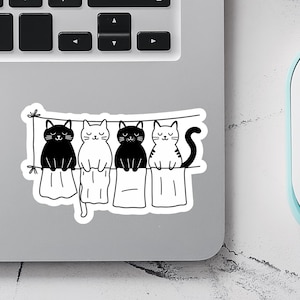 Sticker chat mignon, chats sur une corde à linge, sticker amoureux des chats, sticker chat minimaliste noir et blanc pour journaux, bouteilles d'eau, ordinateurs portables