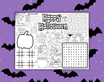 May include: Black and white Halloween activity placemat with a maze, word scramble, and a word search. Includes a pumpkin outline for drawing, and Halloween-themed illustrations like ghosts, bats, and candy. The text reads "Happy Halloween".