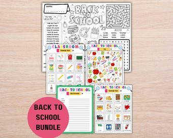 May include: A bundle of back-to-school activity sheets. The sheets include a maze, a word scramble, and scavenger hunts with colorful illustrations of school supplies and classroom items. The text "Back to School Bundle" is in a pink circle.