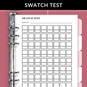 May include: A white page with the text "Swatch Test" at the top and a grid of 60 small squares for recording color swatches. The page is in a binder with silver rings.