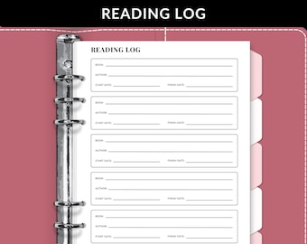 May include: A black and white reading log with the title "READING LOG" at the top. The log has five sections for recording book titles, authors, start dates, and finish dates.